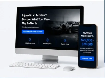 Injury Case-IQ landing page and case estimate shown on desktop and mobile devices.