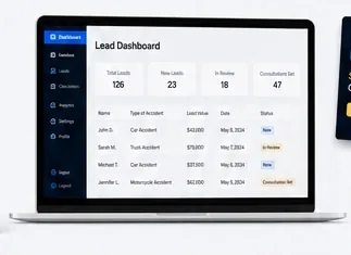 Lead management dashboard displayed on a laptop.