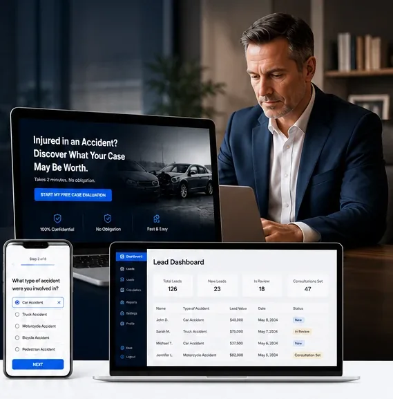 Attorney with Injury Case-IQ landing page, calculator, and lead dashboard shown across multiple devices.