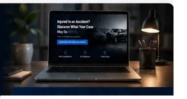 Injury Case-IQ landing page displayed on a laptop in a professional office.